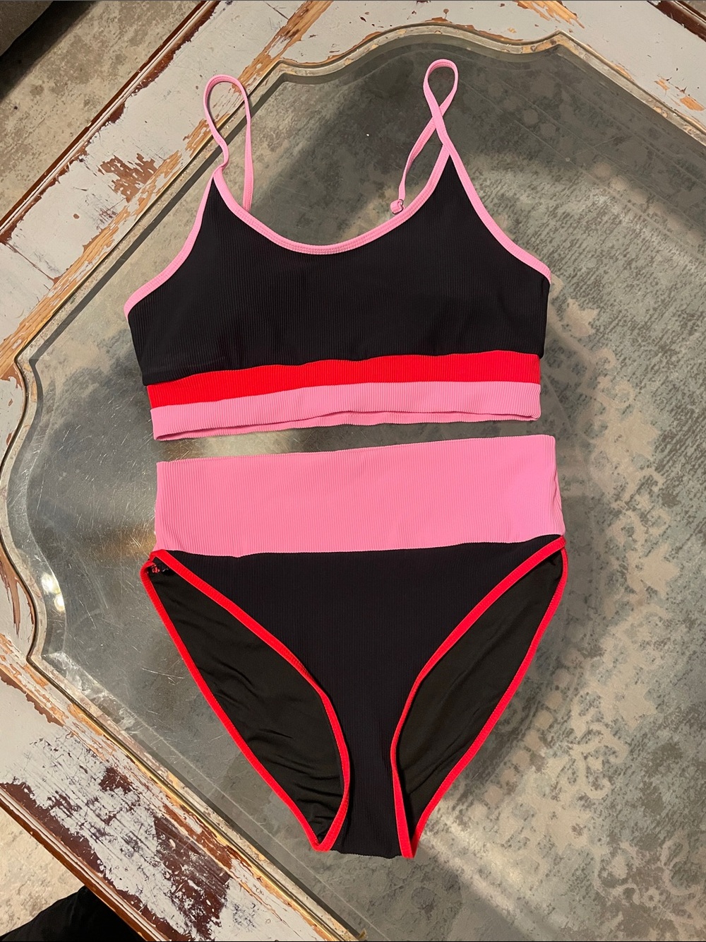 Cupshe Black Pink Red Colorblock High-Waist Bikini